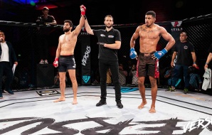 Agy Sardari stormt door zijn tegenstander heen op een succesvolle Versus MMA event